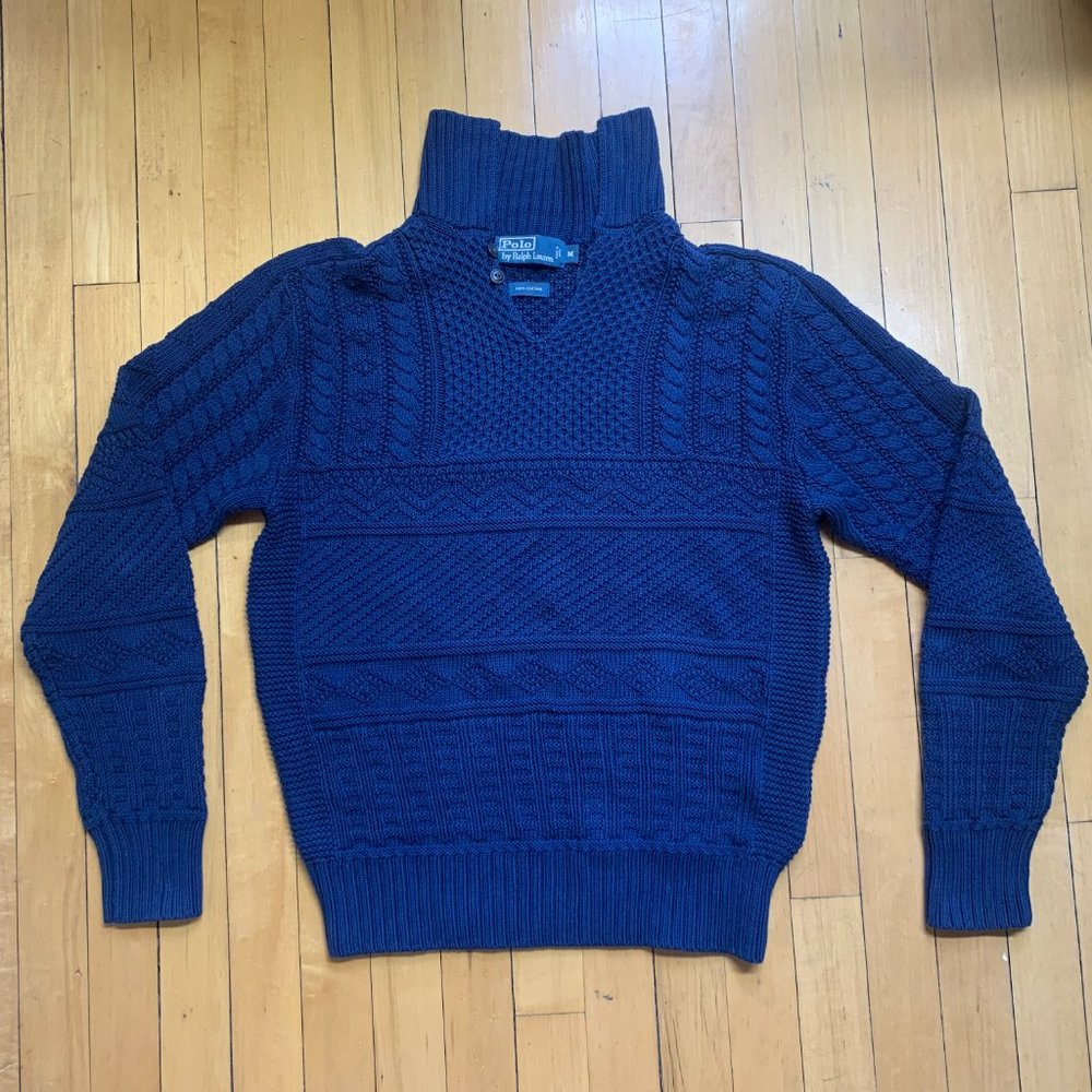 Polo Ralph Lauren (M) Navy Blue Mock Neck Cotton Aran Cable Knit Sweater